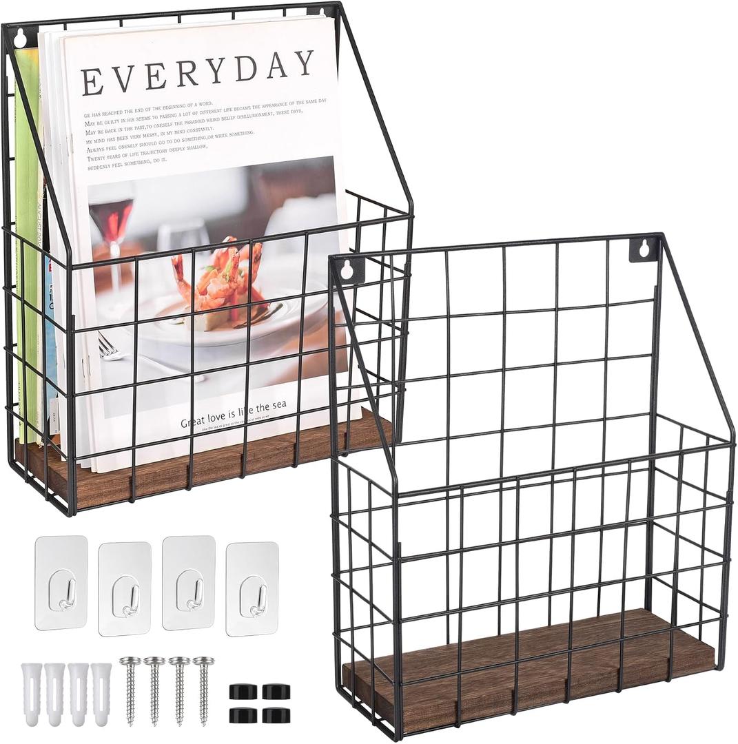 Mail Holder Magazine Basket 2Pack Black Wall Mount File Organizer Wood Rack