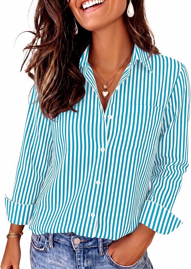 CUNLIN Women's Wrinkle-Resistant Striped Long Sleeve Button Down Shirt Regular Fit,Business Casual,Cotton Blend,Lightweight,Breathable, 00113_blue Green, 3X-Large