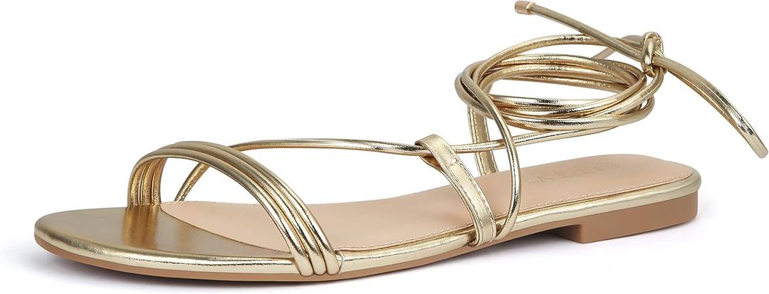 PARTY Women's Strappy Sandals Lace Up Flats Tie Up Open Toe Ankle Strap Shoes (Gold, 10)