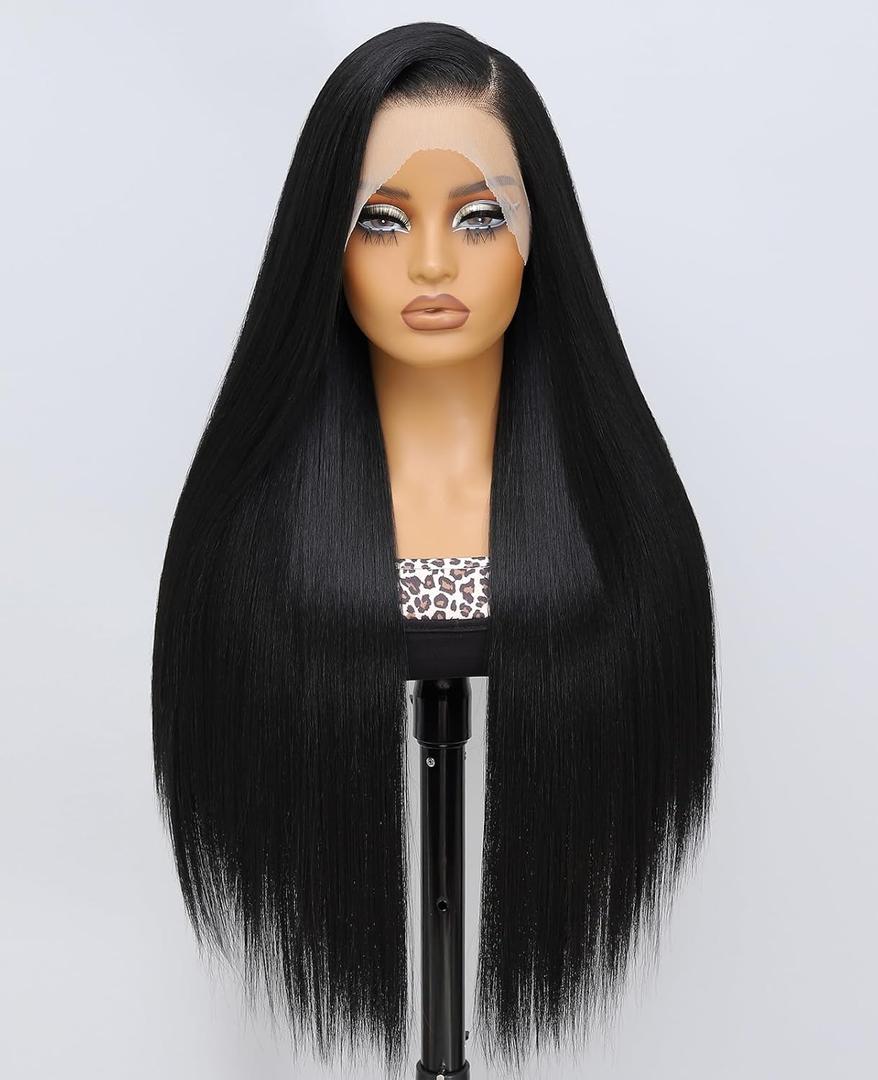Latasha 13x6 Synthetic Lace Front Wig for Black Women Straight HD Lace Frontal Wigs Pre Plucked Wear and Go Glueless Wigs for White Women 28 inch Long Black Wig (Off Black 1B)