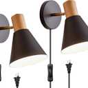 Wall Sconces Lighting Fixture Pack of 2, Wooden Adjustable Bedside Wall lamp for Industrial Bedroom, Bathroom Sink Lighting (Plug-in Black, 2)