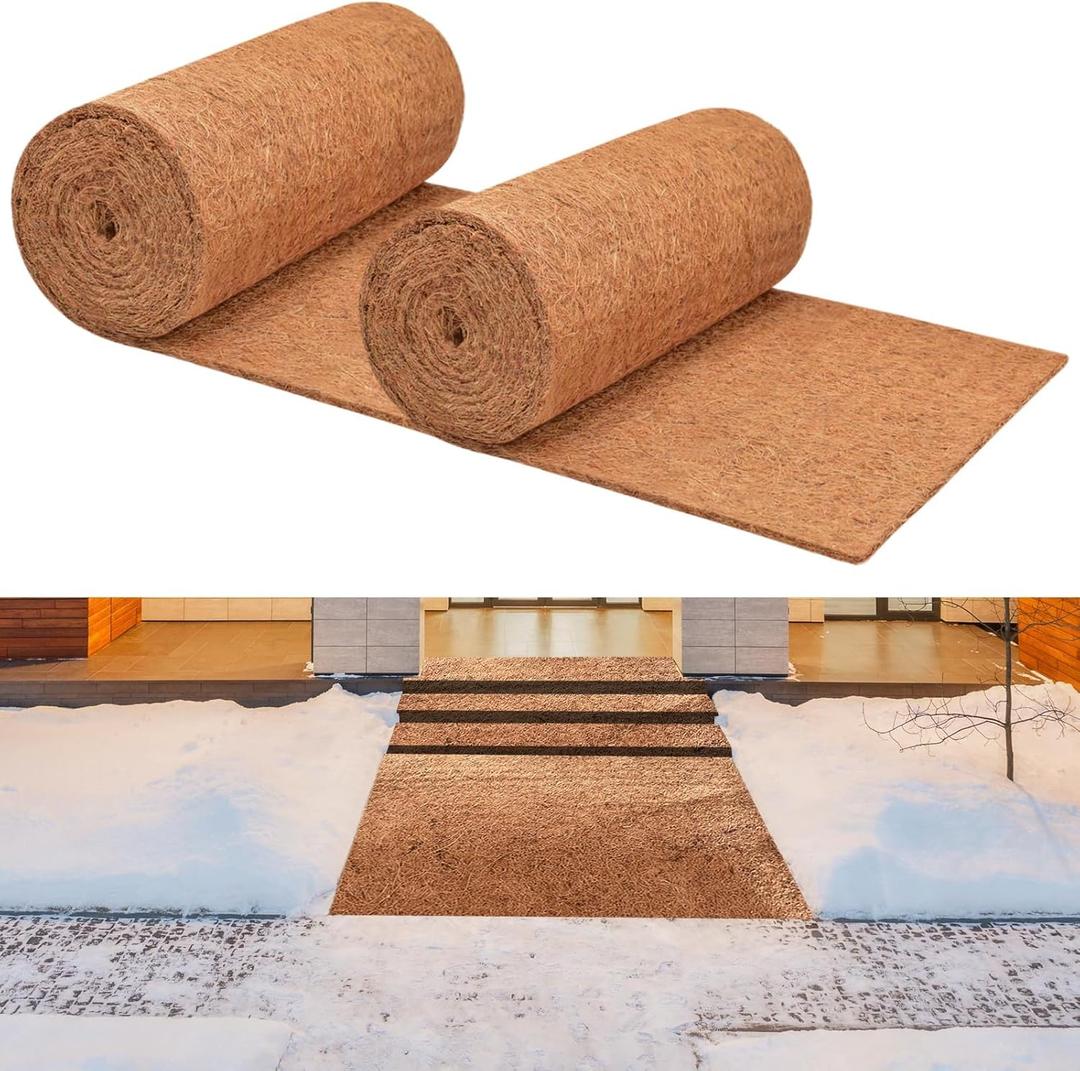 ZeeDix 2 Pack 16 x 118 Inch Thickened No Slip Ice and Snow Carpet, Natural Coconut Fiber Mat Walking Safety, Winter Coco Liner Roll Outdoor Carpet Runner for Front Door Steps Hallway Stairs Garden
