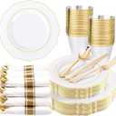 Liacere 175pcs Gold Plastic Plates - White and Gold Disposable, 50PCS Plastic Dinner Plates, Perfect for Wedding & Party & Holiday & Mother's Day & Easter Day