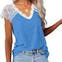 KINLONSAIR Women's Crochet Lace Basic V-Neck T-Shirts Short Sleeve Loose Fitting Tunic Tank Tops, Size: M