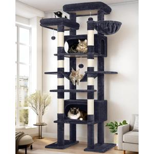Globlazer XXL Giant Cat Tree, 83 Inch Heavy Duty Tall Cat Tower for Indoor Cats Large Adult, Multi-Level Large Cat Condo with 8 Scratching Posts, Hammock, 2 Cat Caves, 2 Platform, F83B, Dark Grey