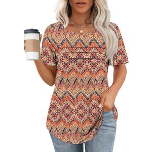 XIEERDUO Women's Pleated Tops Dressy Casual Short Sleeve Shirts Fashion Blouses Loose Curved Hem Long Tunic S-3XL (Large, Z Boho Floral)