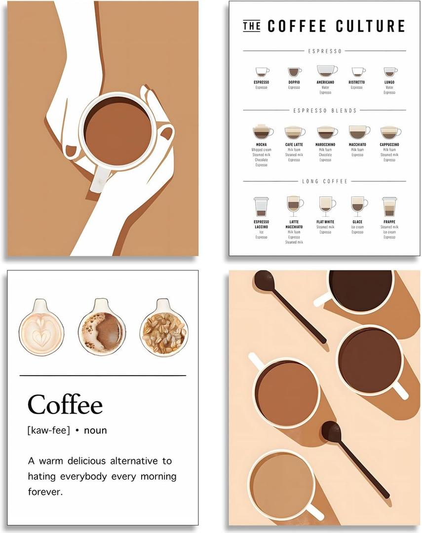 NCYEL 4pcs Modern Minimalist Coffee Wall Art Kitchen Coffee Shop Pictures Simple Home Decor Aesthetic Posters Neutral Brown and Beige Bar Decor 12x16 Inch