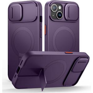 SURITCH for iPhone 13/14 Case with Magnetic Camera Slide Cover and Adjustable Kickstand, Compatible with MagSafe, Shockproof Bumper Case Slim Protective Cover for iPhone 13/14 6.1 Inch, Dark Purple