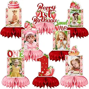 Strawberry Birthday Decorations, Strawberry Sweet One Party Decorations Honeycomb Centerpiece for Table, Strawberry Baby Birthday Decorations Girl Photo Table Centerpiece Party Supplies