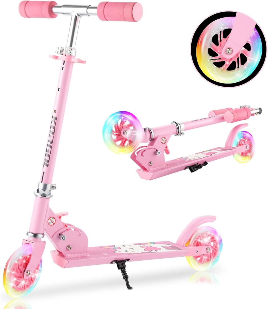 Scooter for Kids Ages 3-12 - Kids Kick Scooters with Led Light Up Wheels & 3 Levels Adjustable Handlebar, Lightweight Foldable 2 Wheel Girly Pink Scooter Christmas Birthday for Girls Boys. (Girly Pink)