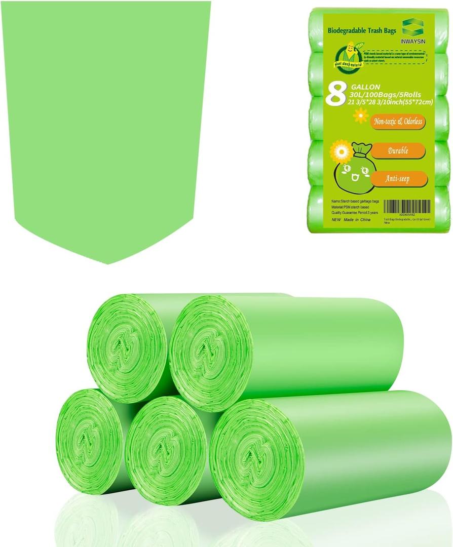 Inwaysin Medium Compostable Trash Bags - 8 Gallon, 30L (Clear Green, 20 Count Pack of 5) - Budget-Friendly Replacement for Simple Human H/J/G Trash Bags