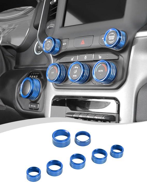 Hoolcar Headlight & Air Conditioner Switch Knob Cover Aluminum Alloy Center Console Switch Knob Cover Compatible with 2018-2025 Dodge Ram, Interior Accessories, Blue, 7PCs