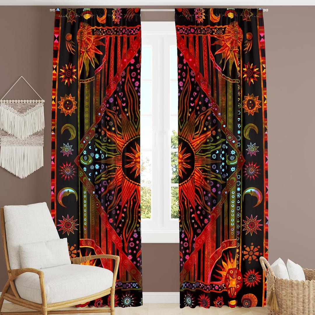 Bless International Beautiful Indian Bohemian Psychedelic Hippie Burning Sun Window Curtain Panels for Bedroom, Living, Balcony (Golden Tie Dye (38x83 Inches)(96x210 Cms))