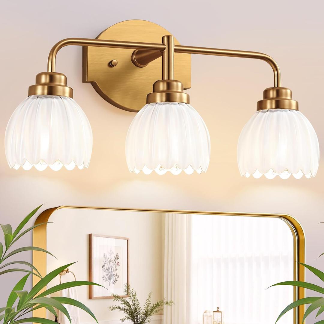maesta Gold Bathroom Light Fixtures, 3-Light Brushed Gold Vanity Lights with Milk White Tulip Glass Shades, Vintage Bathroom Lights Over Mirror for Bedroom Living Room Hallway