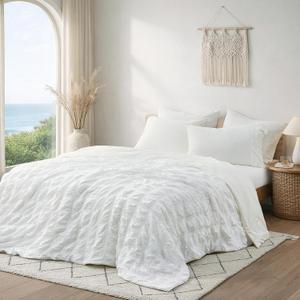 Cozy Bliss Cooling Comforter Seersucker Plaid Queen Size, Q-Max 0.45 Lightweight Cooling Blanket, Breathable Silk Smooth Summer Bedding Quilt for Hot Sleepers Night Sweats White