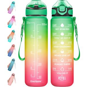 Enerbone 32 oz Drinking Water Bottle with Times to Drink and Straw, Motivational with Carrying Strap, Leakproof BPA & Toxic Free, Ensure You Drink Enough Water for Fitness Gym Outdoor (Green Red)