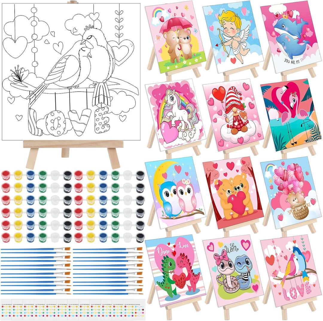 Tenceur 12 Sets Valentine's Day Paint by Numbers Kit Pre Drawn Canvas Painting Set with Easels, Paints & Brushes, Cute DIY Art Craft for Kids, Beginners, Classroom & Valentine Party Supplies