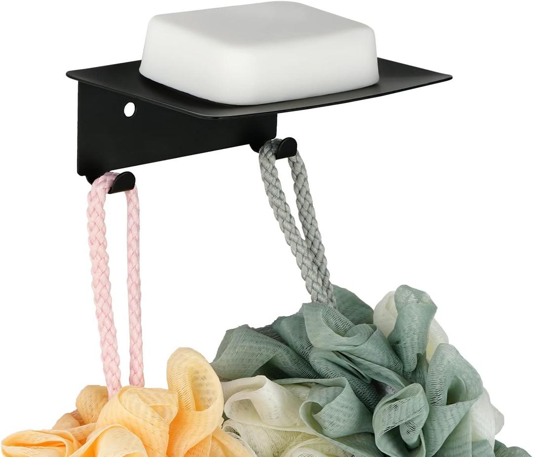 Soap Dish for Shower, 4 Slot Self-Adhesive Soap Holder for Bathroom, Wall Mounted Shower Soap Holder with Hook, Stainless Steel Soap Tray Black