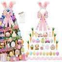 Easter Tree Decorations and Ornaments Set, Large Bunny Ear & Pink Bow Topper, LED Lights, Ribbon - Hanging Egg, Rabbit, Gnome & Carrot Wooden Decor for Home, Party, Table, Outdoor & Classroom