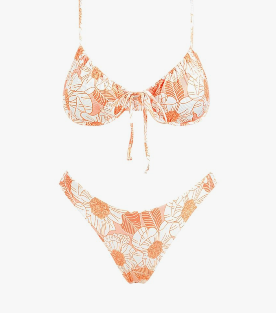 VOLAFA Women's Triangle Bikini Set Swimsuit Print Push Up Elastic Tie String Top Ribbed Two Piece Bathing Suit, Small