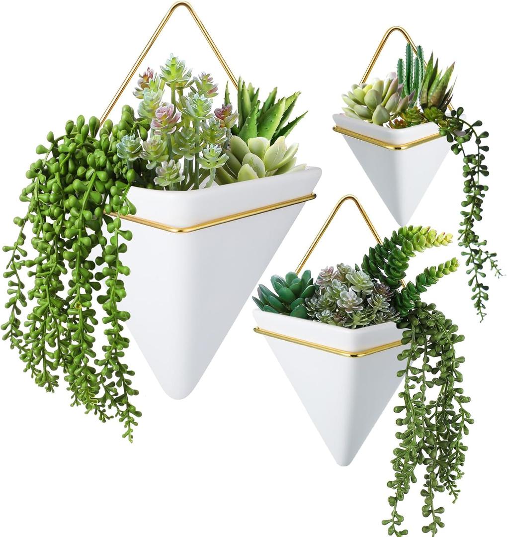 3 Sets Ceramic Wall Hanging Planters Indoor 3 Size Geometric Hanging Planters for Indoor Plants Self Watering Pots with Metal Holder for Air, Cactus, Faux Plants and Home Office Decor