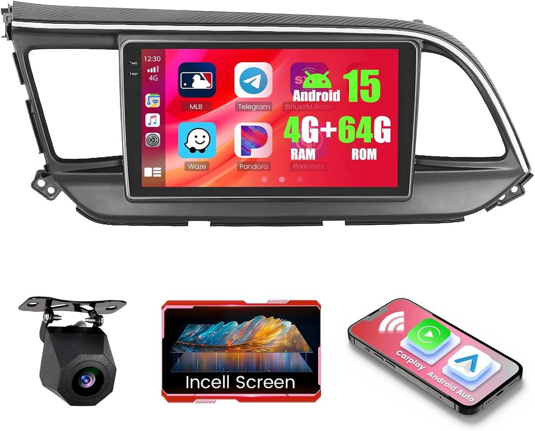 4+64GB Android 15 for Hyundai Elantra 2019 2020 Car Radio Wireless Carplay Android Auto, Stereo with 9" in-Cell Touch Screen WiFi Bluetooth5.0 GPS FM/RDS EQ SWC + Backup Camera MIC