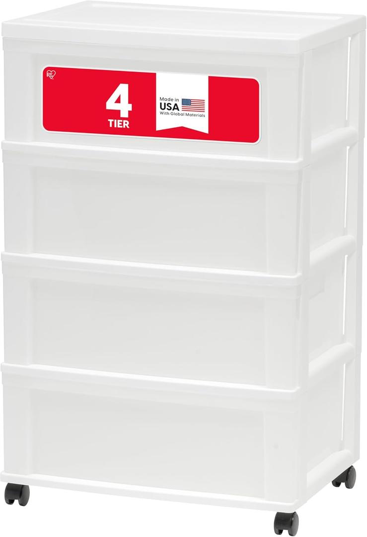 IRIS USA Plastic Drawer Storage Organizer Rolling Cart, with Wheels Casters, 4-Drawers, for Art Craft Supplies Bathroom Dorm Bedroom Laundry Room, Wide, White/Pearl