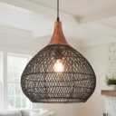 Black Rattan Pendant Light, 15.7" Rattan Chandelier Hand-Woven Wicker Pendant Light Fixtures with Solid Wood, Basket Hanging Lighting for Dining Room Kitchen Island Living Room, D 16", Large