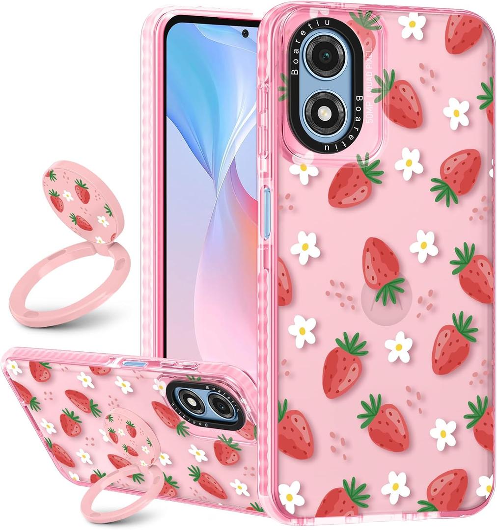 Boaretiu Cute Kawaii for Moto G Play 2024 Case with Stand - Fashion Cool 360 Rotate Ring Holder Kickstand Design for Women Girls Boys Teens Girly for Motorola Moto G Play Case, Strawberry