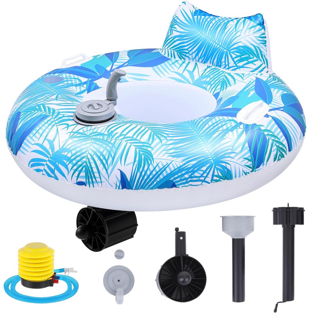 ShinyRelief Motorized Pool Float for Adults, Electric Inflatable Pool Lounger with Motor Backrest Cup Holder Pusher Handles and Pump, Battery Powered Float Chair for Summer(Blue Leaves,Blue)