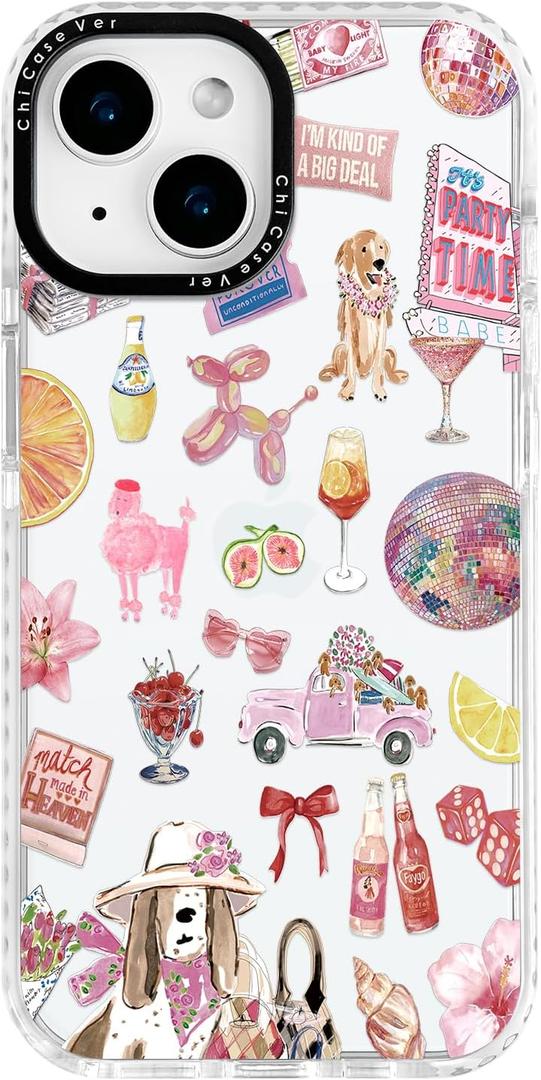 for iPhone 13 Case, Party Time Collage Pattern with Girly Pink Cocktails, Military-Grade Drop Protection, Girly Pink Soft Slim TPU Protective & Camera Protection for Women Girls