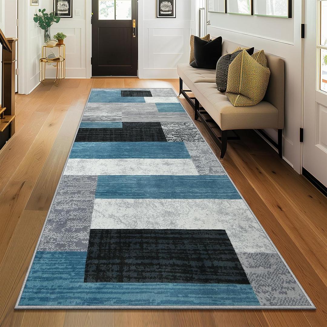 Indoor Runner Rug, Washable Runner Rug with Rubber Backing, Modern Geometric Patchwork Aesthetic Carpet for Bedroom, Living Room, Hallway, Entryway, Washable Rug Rockwood Collection, 2x6 Ft Blue