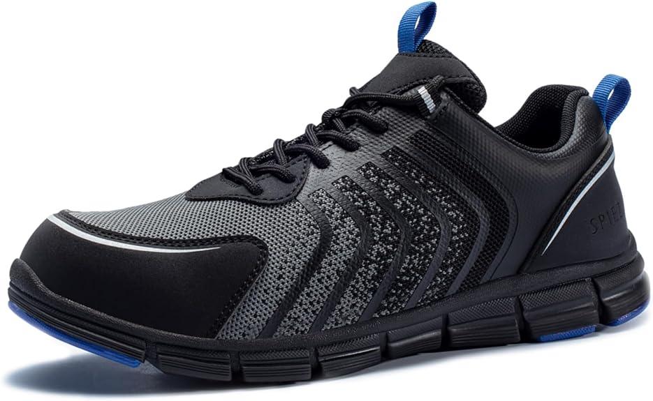 SPIEZ Men's Safety Shoes, Composite Toe, Non-Slip, Puncture-Proof, Lightweight & Breathable Work Sneakers, Black (US9)