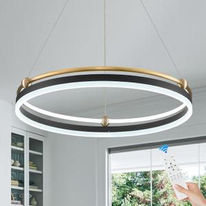Benkut Modern LED Pendant Light 23.6" Black Gold Dimmable Circular LED Chandelier 1 Ring with Remote, Round Hanging Light for Kitchen Island Dining Room Living Room Foyer Entryway, 2-Ring Lighting, 1 Ring Circular D23.6in