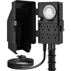SURAIELEC Outdoor Power Stake, 24-Hour Mechanical Light Timer, Electrical Power Strip Weatherproof, 6FT Extension Cord Multiple Outlets Plug for Patio Lights, Halloween Decorations. Outdoor Light (Black)