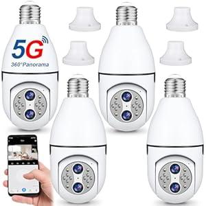 Lingvee 4 Pieces 2K Light Bulb Security Camera 5GHz 2.4GHz Security Camera Wireless Outdoor 360 Panoramic Surveillance E26/ E27 Night Vision Light Bulb Camera 2 Way Indoor Outdoor Compatible with Wi-Fi