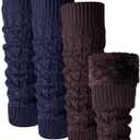 Shihanee 2 Pairs Winter Fleece Lined Leg Warmers for Women Warm Long Boot Socks Knit Thick Calf Warmers for Skating Walking (Brown, Navy Blue)