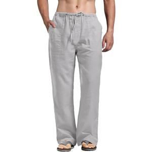 perdontoo Mens Casual Cotton Linen Pants Elastic Waist Drawstring Straight Summer Beach Pants (Large, Grey)