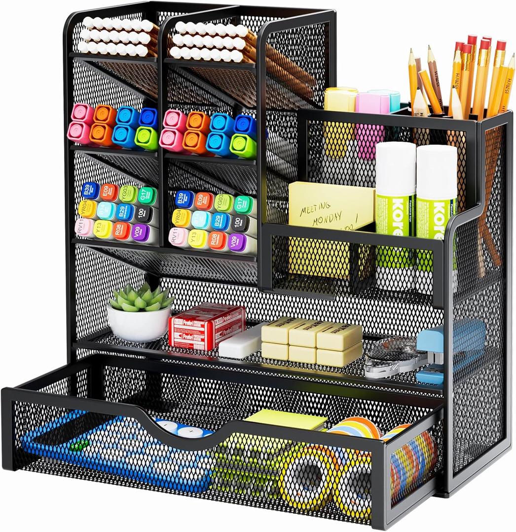 Marbrasse Mesh Pen Holder for Desk, MultiFunctional Pencil Organizer with Drawer, Desk Organizers and Accessories for Office Art Supplies (Black)