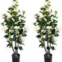 3.4ft Artificial Camellia Tree | White Flowers & Green Leaves | Indoor Outdoor Decor, No Maintenance (2 Pack - White)