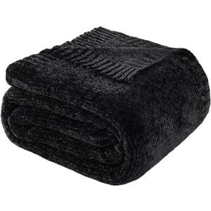 BATTILO HOME Black Throw Blanket for Couch, Woven Chenille Throw Blankets for Bed, Chair, Sofa, Black Knitted Blanket Cozy Soft Blanket, 51"x67"