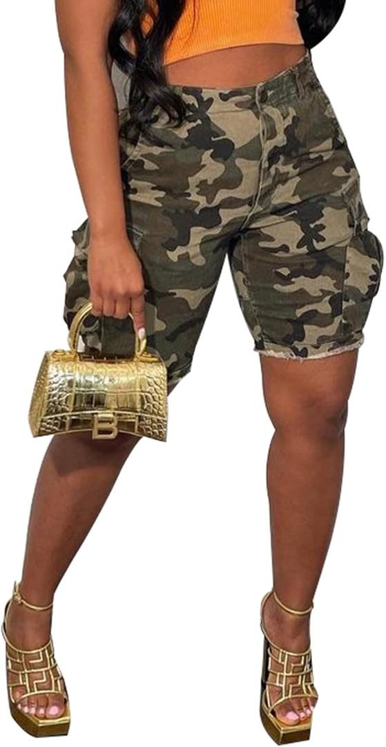 Famnbro Women Camo Shorts Slim Fit Camouflage Cargo Shorts Casual Army Fatigue Shorts with Pockets, Large