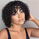 Short Curly Bob Human Hair Wig with Bangs 100% Human Hair Glueless Wear and Go No Lace Wig Machine Made Water Wave Bob Wig for Black Women Natural Black Color 10 inch
