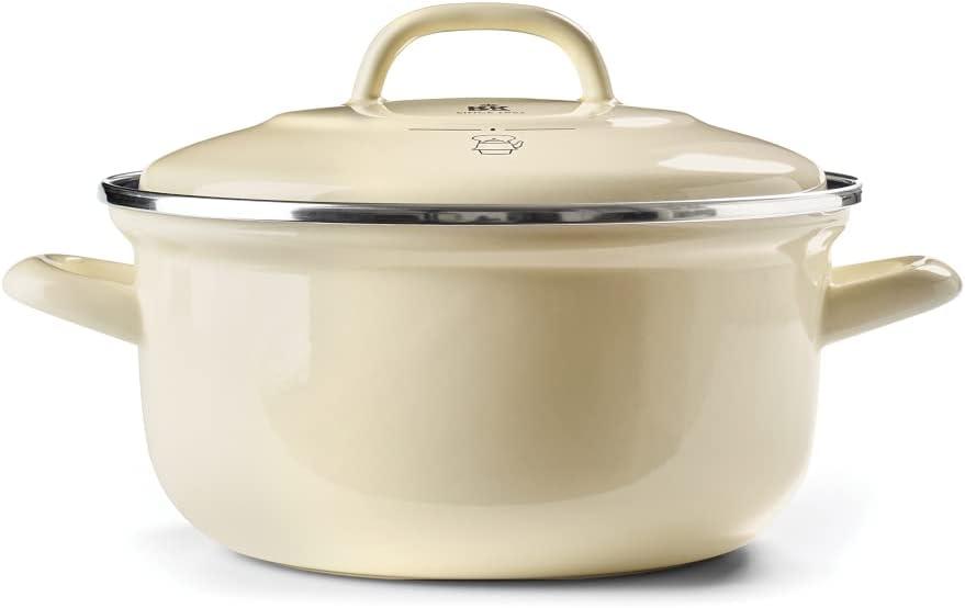 BK Indigo Dutch Heritage Round German Enameled Casserole with Lid with PFAS-Free Ceramic Non-Stick Coating, 26 cm/5.2 Liter, Induction, Dishwasher Safe, Oven Safe, Cream
