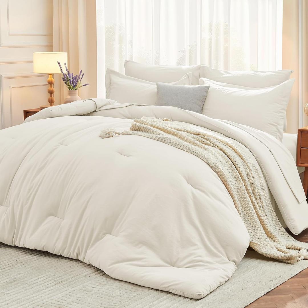 MUXHOMO 7 Pieces Full Comforter Set, Soft Bed in a Bag Full Size, All Season Bedding Set with Comforter, Flat Sheet, Fitted Sheet, Pillowcases & Shams, Ivory (Full(82"x86"))