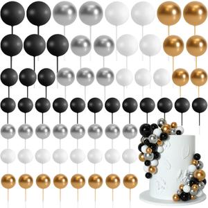 Bouiexye 75 Pieces Cake Balls Topper Decorations Foam Cupcake Topper Mini Balloon Cake Topper Balls Cake Picks for Cake Deco Birthday Party Wedding Black, Gold, Silver, White