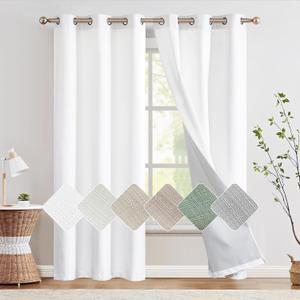 jinchan 100% Blackout Curtains for Bedroom Living Room Linen Blackout Curtains 90 Inch Long Room Darkening Curtains Linen Textured Drapes 2 Panels Window Curtains Grommet Top White