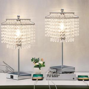 Luvkczc Crystal Table Lamp with Touch Control Set of 2, USB Bedside Crystal Table Lamp with USB C+A Ports, 3-Way Dimmable Lamp with Crystal Shade for Bedroom, Living Room, 6W LED Bulb Included