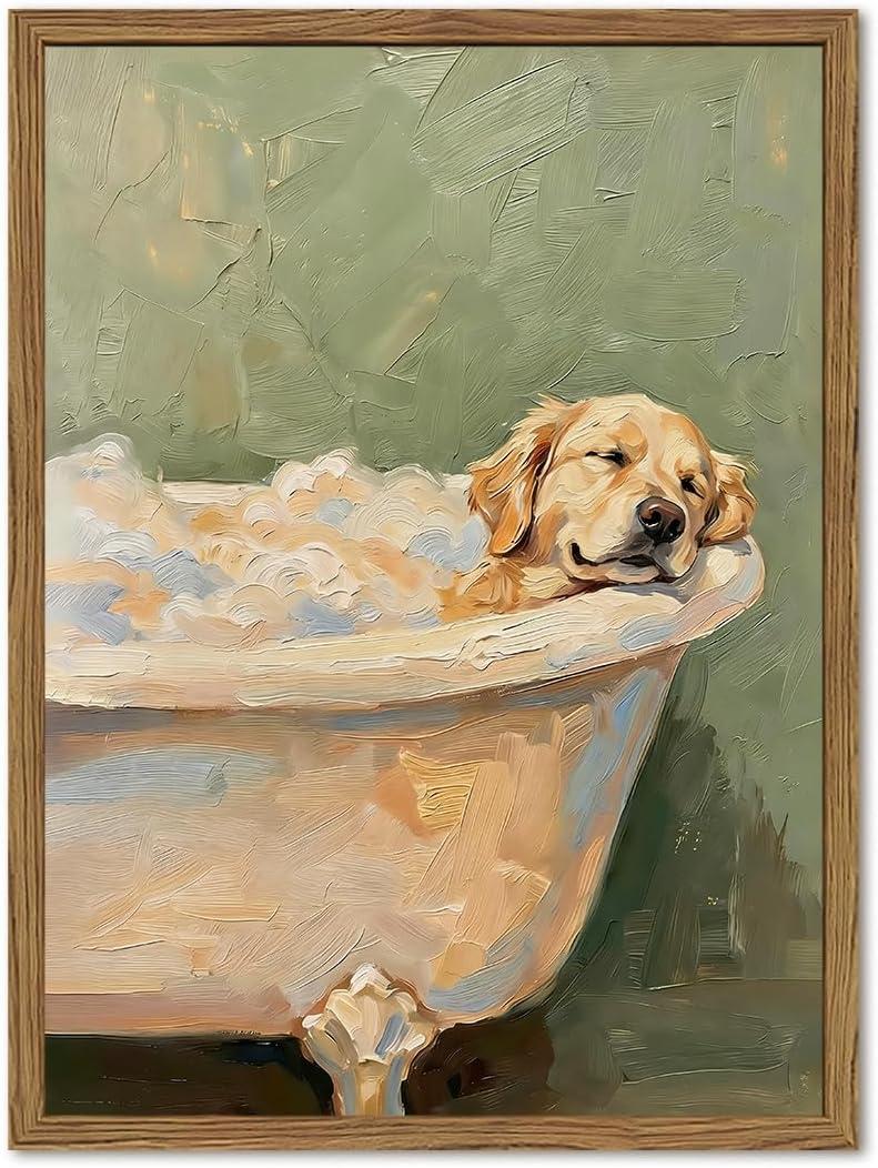 Funny Dog Bathroom Wall Art Cute Golden Retriever in Bathtub Wall Decor Picture Whimsical Bathroom Dog Poster Canvas Painting Print 16x24 inch Wood Framed