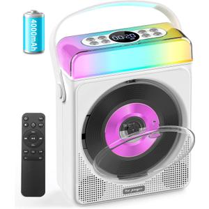 Portable CD Player with Bluetooth & RGB Lights, 4000mAh Rechargeable Personal CD Player with Speakers & Remote, Bass Boost, USB/TF/AUX Support, Portable Bluetooth CD Player for Home/Outdoor Use (White